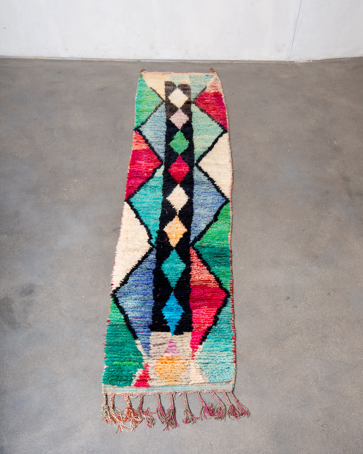 Modern, designer, handcrafted Berber runner rug from Morocco. Vintage carpet with beautiful colours and patterns and fluffy texture.